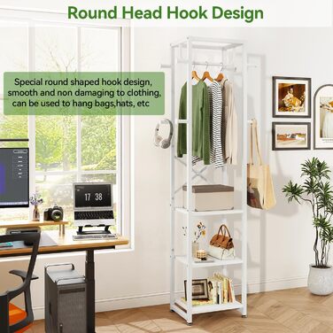 Стійка для одягу IBUYKE, вішалка для одягу з 3 полицями та 8 гачками, індустріальна стійка для передпокою, коридору, спальні, натуральний колір та білий, TMJ088R (180 x 40 x 30 см)