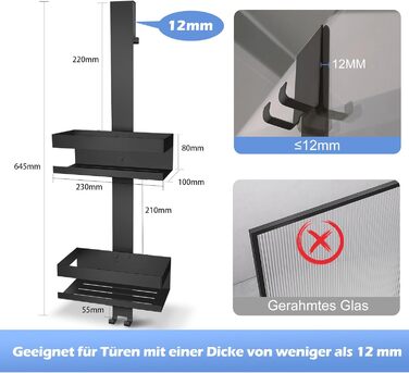 Настінна поличка для душу з нержавіючої сталі SUS304, без свердління, для скляних дверей (чорний)