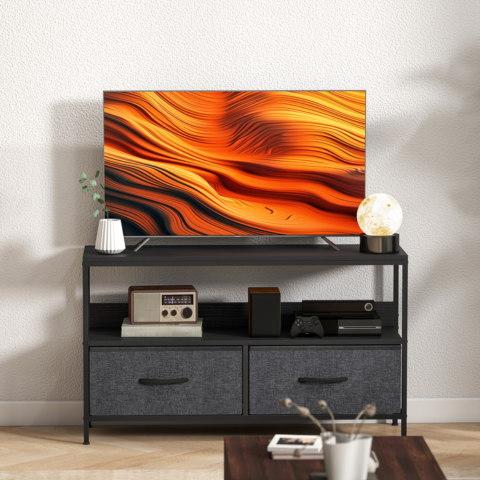 Тумба під телевізор з 2 висувними ящиками, відкритою полицею, для телевізорів до 47 дюймів, 98 x 29 x 56 см, Чорний+Темно-сірий