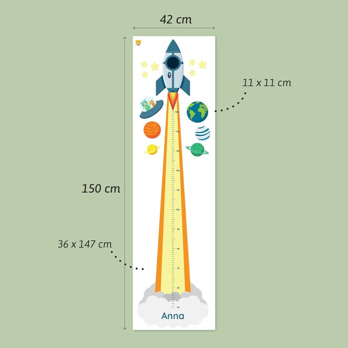 Персоналізована вимірювальна паличка як настінне татуювання для дитячої кімнати Для вимірювання висоти до 160 см Включаючи індивідуальну персоналізацію - ракета