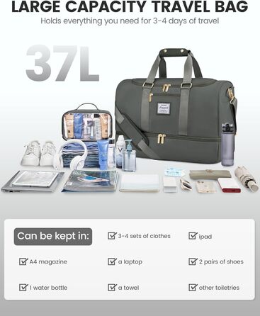 Спортивна сумка LOVEVOOK для жінок: дорожня сумка, weekender, з косметичкою, відділенням для взуття та мокрих речей, водонепроникна пляжна/басейнова/сауна сумка, ручна поклажа для подорожей, зелена