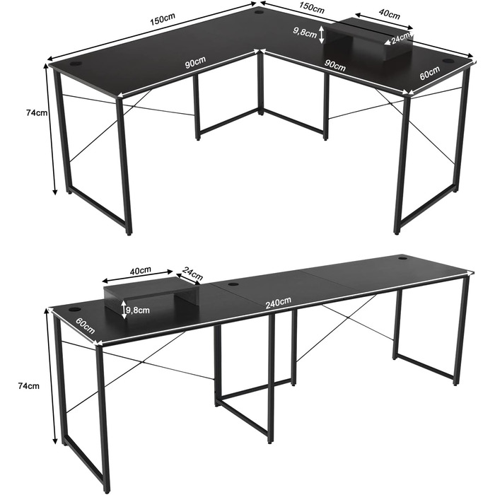 COSTWAY L-подібний кутовий стіл, геймінговий та офісний, 150 x 150 x 74 см (Чорний)