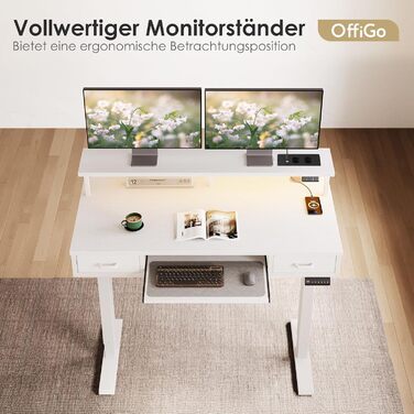 Регульований за висотою стіл OffiGo з 2 висувними ящиками та підставкою для клавіатури, 120 см. Електричний стіл з підставкою для монітора, RGB підсвічування та розетками, білий (120 x 54 см)