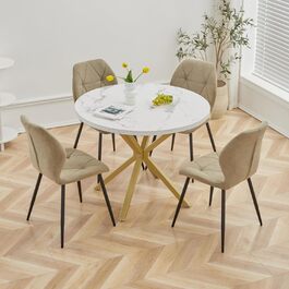 Комплект обіднього столу GrandCA HOME: круглий стіл 100 см + 4 сучасні лінові стільці, для вітальні, кухні, їдальні, темно-сірий (мрамор + зелений)