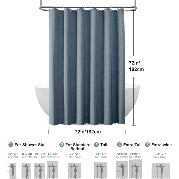 Штора для душу з льону з металевими кільцями, 182x182 см, Marineblau (темно-синій)