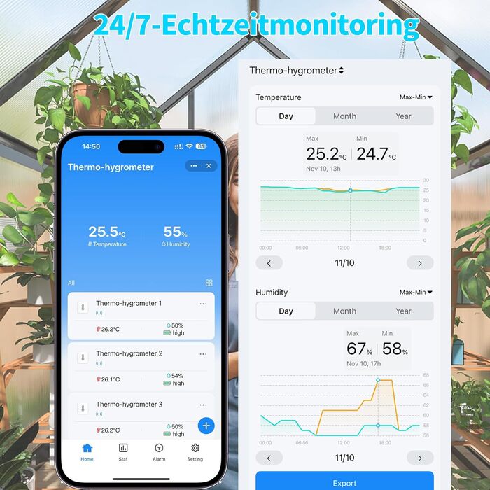Термогігрометр Wi-Fi WIOONI з LCD-дисплеєм, 3 сенсори + 1 база, сумісний з Tuya/Smart Life