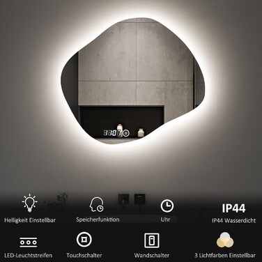 Дзеркало для ванної кімнати з підсвічуванням та годинником Boromal 50x70 см, 3 кольори світла, диммування, LED, сенсорне управління