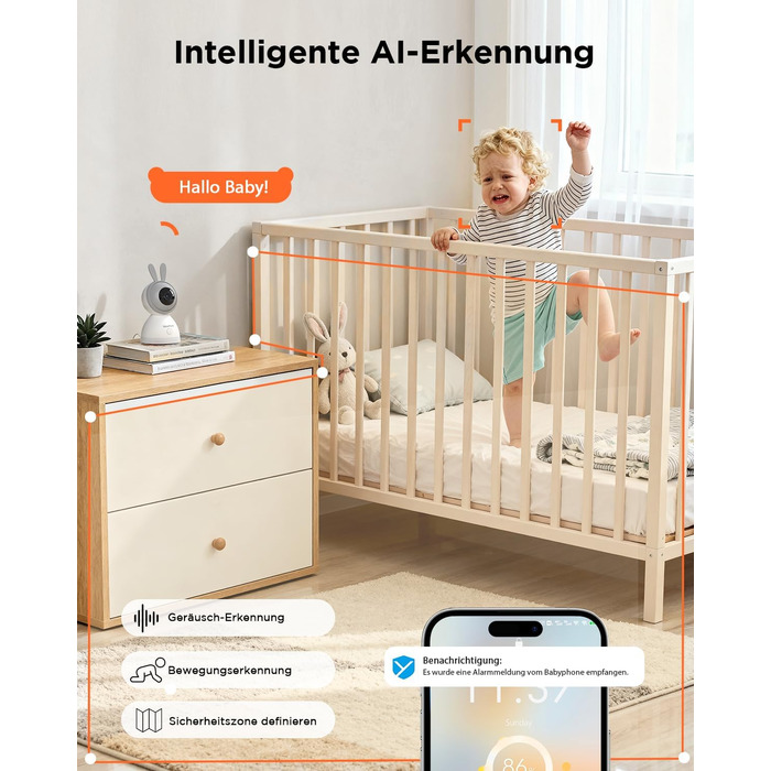 Відеоняня з камерою 1080P HD PTZ 360° та Wi-Fi: монітор для немовлят з додатком, нічним баченням, 4x Zoom, детекцією руху/звуку, двостороннім аудіо, автотрекінгом та сповіщеннями