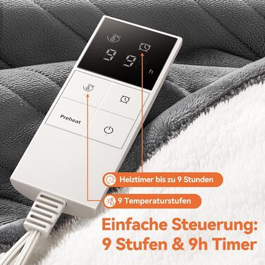 Електрична ковдра з автоматичним вимкненням та 9 зонами підігріву 200x180 см, таймер 1-9 годин з функцією пам'яті, швидкий нагрів та рівномірний розподіл тепла, двостороння фланель та овеча вовна