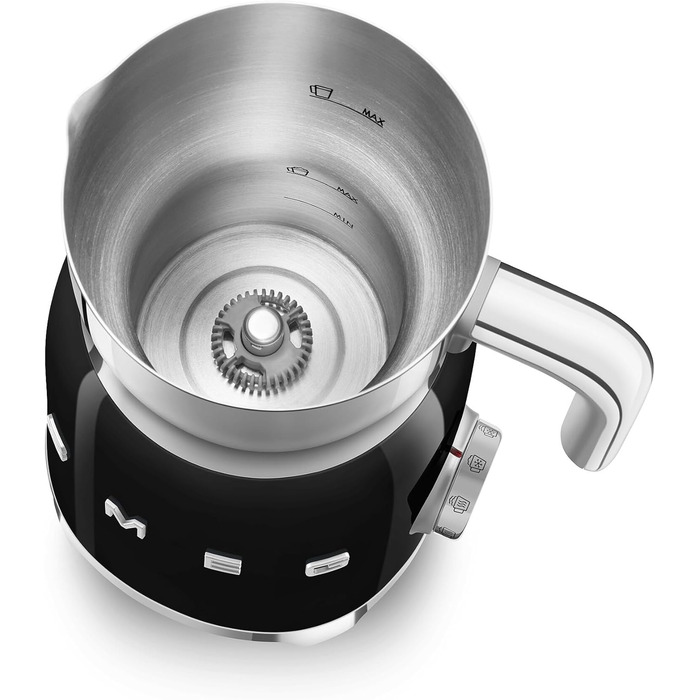 Пінсуватель молока Smeg MFF11BLEU, мультифункціональний, індукційна система, 6 програм, ручна функція, скляна колба 600 мл, мірна кришка, вбудований переливач, 500W, чорний