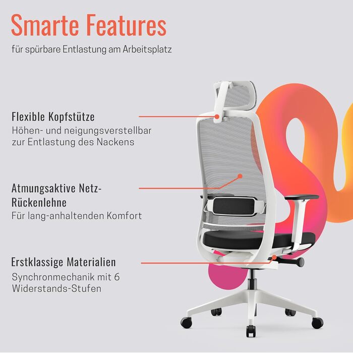 Офісне крісло Yaasa Ergonomiczne – ергономічне крісло для офісу з підтримкою попереку та регульованими підлокітниками – поворотне крісло з регулюванням опору спинки – для дому та офісу – 120 кг (Білий, Expert)