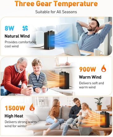 Електричний обігрівач з керамічним нагрівачем, 1500 Вт, 3 режими, осциляція 70°, захист від перекидання, тихий обігрівач для офісу, вітальні, спальні