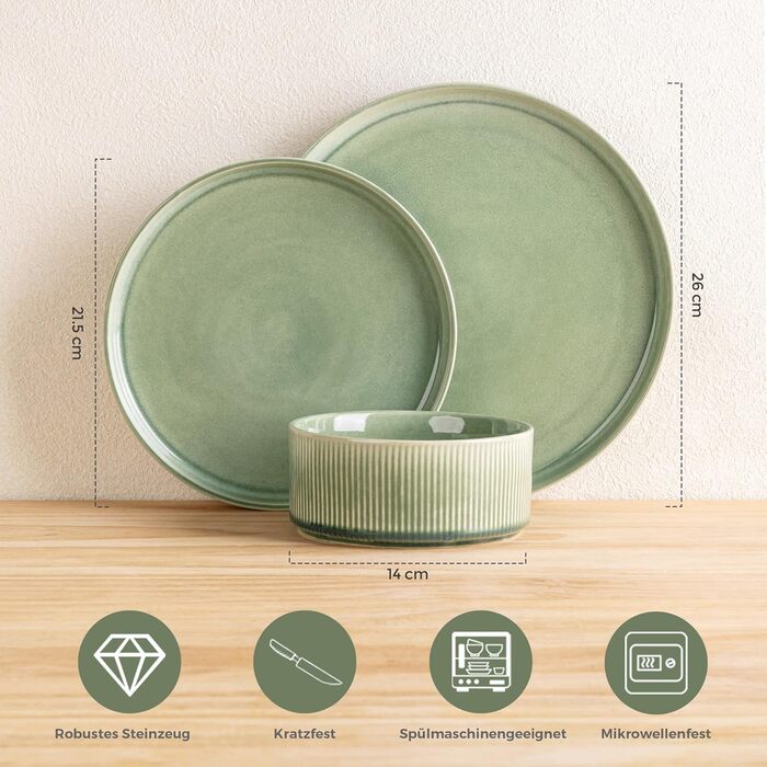 Набір посуду GBhome з 12 предметів для 4 осіб (стеїнгут), ручна робота, реактивна глазур, зелений, мікрохвильова та посудомийна машини