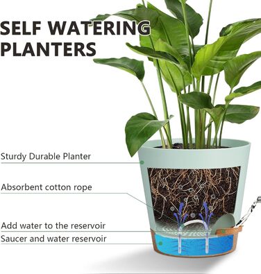 Набір горщиків для квітів 2 шт. 25.4 см, пластикові горщики з системою поливу, сучасний дизайн для дому, балкону, саду, сукулентів, кактусів (зелений) (зелений, коричневий, 20.3 см)