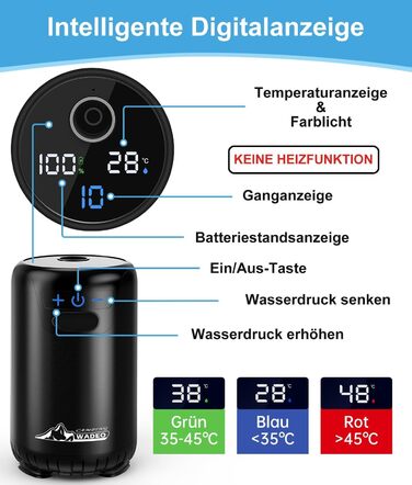 Портативна душова кабіна WADEO для кемпінгу з акумулятором та помпою, 10 режимів, акумулятор 6000 mAh (3 години роботи), подвійний цифровий дисплей, для відпочинку на природі, у саду та в подорожах (чорна)