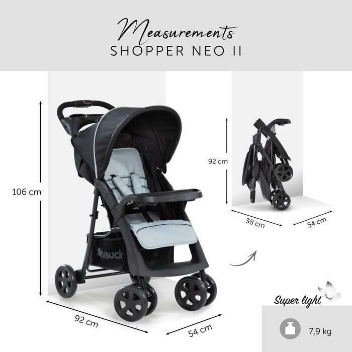 Дитяча коляска Hauck Shopper Neo II Caviar/Silver - чорно-сіра, з регульованою спинкою, від народження до 22 кг, з двома столиками та кошиком