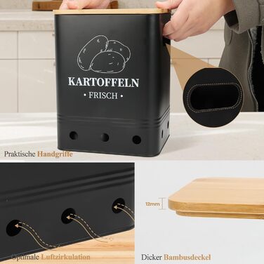 Набір контейнерів для зберігання картоплі, цибулі та часнику, 3 шт. з бамбуковим кришками, чорного кольору. Зберігає овочі свіжими довше, стійкий, складений.
