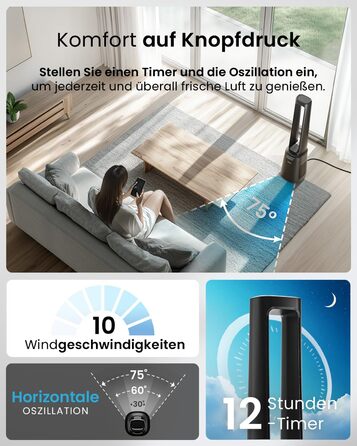 Вентилятор Pro Breeze OmniAir з очищувачем повітря 105 см, 10 швидкостей, HEPA 13, LED дисплей, пульт ДУ, 5 режимів, тиха робота, чорний