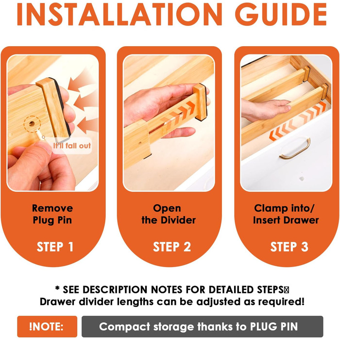 Органайзери для шухляд MUUKAIII: набір 6 шт. з бамбука, регульовані (43-56 см), для кухні та шафи - білий (натуральний)