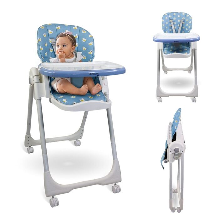 Дитячий стільчик Mobiclinic® Kids Simba, розкладний, перетворюється на стільчик для малюків, з ременем безпеки, колесами з гальмом, знімним підносом, текстиль знімний та пральний, зелений (блакитний)