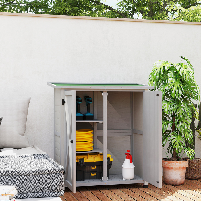 Outsunny Garden Шафа, Дерев'яний сарай для інструментів, Атмосферостійка шафа для інструментів з 2 дверима, Інструментальний будиночок з асфальтовим дахом, Інструментальна шафа для саду, Тераса, 110 x 55 x 117 см, Світло-сірий | Аосом