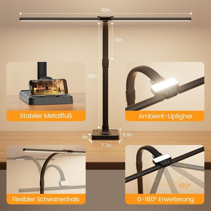 LED настільна лампа Doppelkopf з регулюванням яскравості, 24W, 80см, з кріпленням, денне світло, гнусий шийка, для офісу, захист очей, з підставкою для телефону, чорна