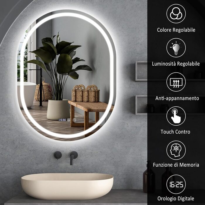 Дзеркало для ванної кімнати YU YUSING з підсвічуванням 80x60 см LED, 3 кольори світла, регулювання яскравості, антизапітніння, сенсорний вимикач, таймер, загартоване скло, IP44, овальне