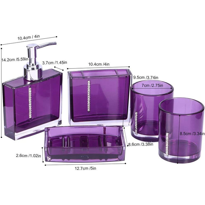 Першокласний Набір для ванної кімнати Yosoo з 5 предметів (виготовлений з високоякісного акрилу з діамантами) набір аксесуарів для ванної кімнати флакони для лосьйону, тримач для зубної щітки, зубна чашка, мильниця (фіолетовий)