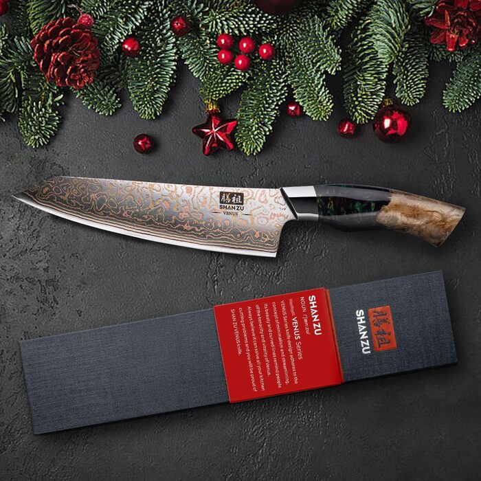 Ніж кухарський SHAN ZU з дамаської сталі з мідним лезом, ручне кованість, японський ніж, 33 шари дамаської сталі, професійний ніж для кухні 20 см, серія VENUS, ніж кухарський з міддю 20 см
