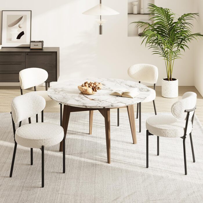 COLAMY Комплект обідніх стільців 4 шт. з м'яким сидінням 10 см – Сучасні м'які стільці з плюшевої тканини Teddy, з міцним металевим каркасом – Для кухні та вітальні, Білий. Комплект 4 шт.