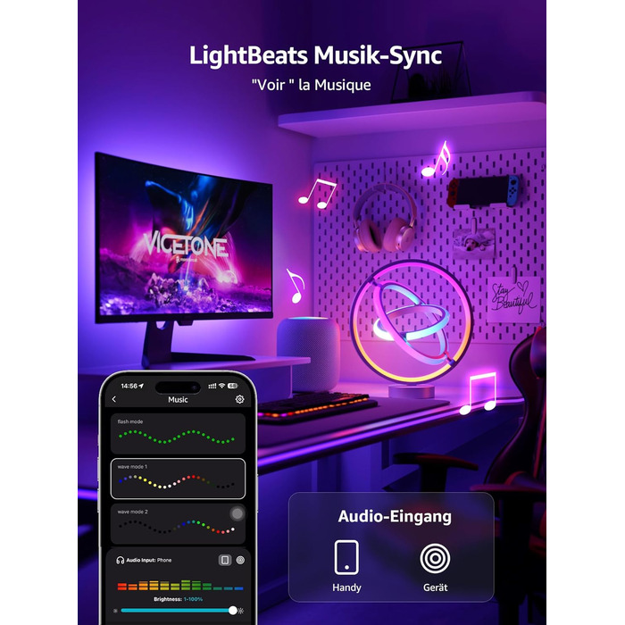 Lepro AI Розумна лампа TB2, Персоналізований світловий дизайнер на основі AI, Синхронізація з музикою/Керування через додаток, Настільна лампа з регулюванням яскравості, RGB+IC технологія, Сумісна з Alexa/Google, Без пульта керування, Ключ скрипки (Planet