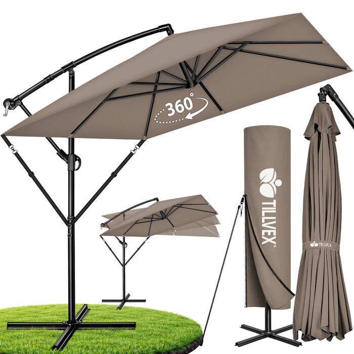 Прямокутна алюмінієва парасолька від сонця tillvex® 330 см з ручкою-котушкою, чохлом та стійкою, водовідштовхуюча, UV-захист, поворотна на 360°, колір капучино