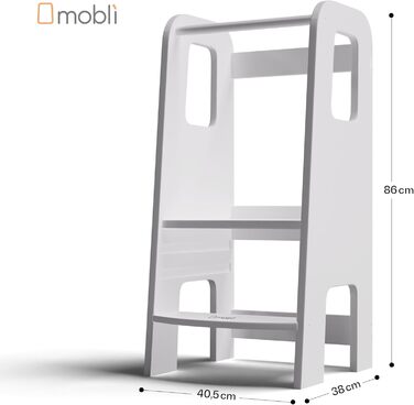Стілець-сходинка Montessori Mobli для малюків: регульовані сходинки з березової фанери, білий колір
