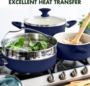 Набір посуду GreenPan Rio 16 предметів, антипригарне покриття з кераміки, без PFOA та PFAS, для здорового приготування, легко миється, сумісний з посудомийною машиною, синій