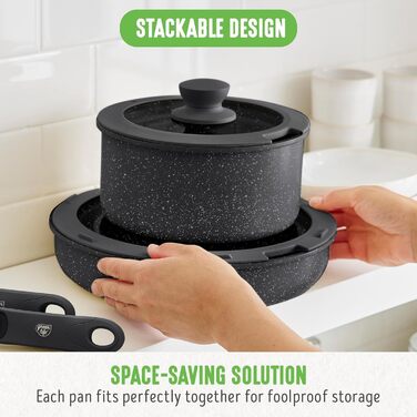 Набір посуду GreenLife 10 предметів з антипригарним покриттям, знімні ручки, складаний посуд, антитоксичні, без PFAS сковороди, індукційні каструлі та сковороди, економія місця, сервіровочні миски (Чорний Спренкле)