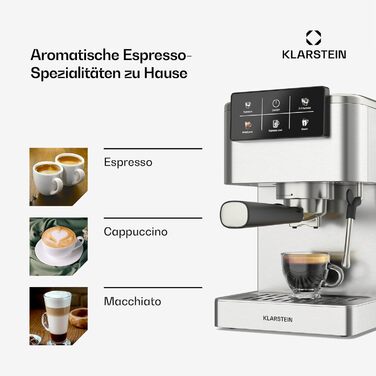 Klarstein SteelPresso Touch: Еспресо-машина з нержавіючої сталі, 20-бар, 1350 Вт, з інтегрованим капучинатором та сенсорним дисплеєм