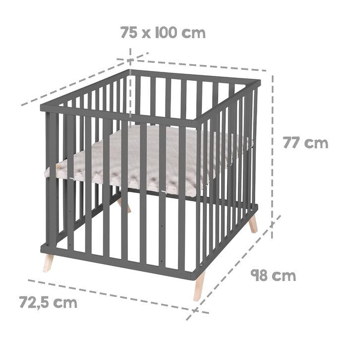 Манеж roba 75 x 100 см - Дитячий манеж з вкладишем Lil Planet сірий - сертифікований GOTS та Oeko-Tex 100 - 3-позиційне регулювання висоти - дерево (антрацит)