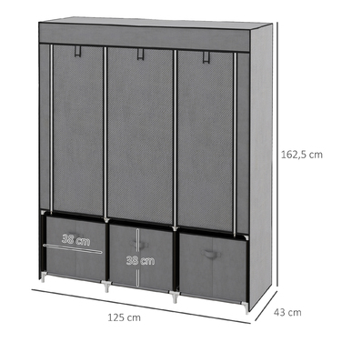 Шкаф HOMCOM Garderobe, розкладний, тканинний, з блискавкою, фліс, темно-сірий, 125x43x162,5 см | Aosom
