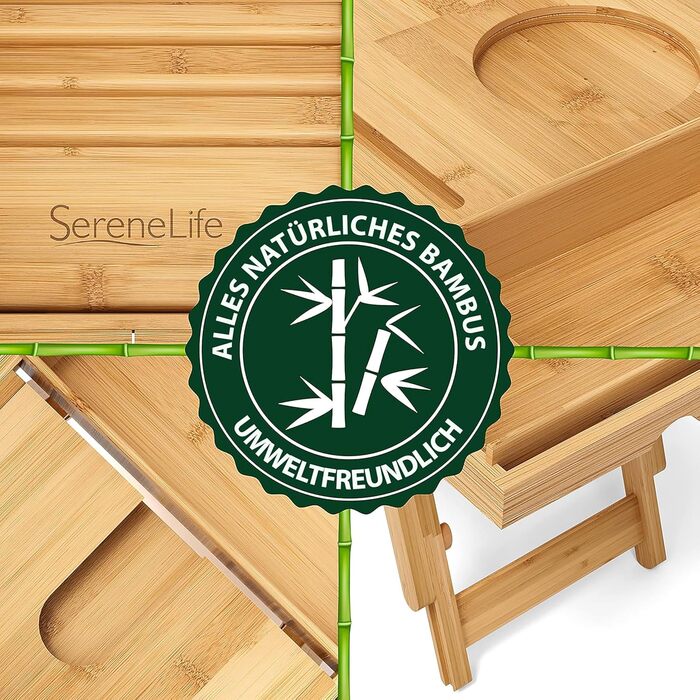 Підставка для ванни та ліжка SereneLife 2-в-1 – складане піднос для сніданку в ліжку та у ванній з бамбука, вологостійкий, регульований розмір, дерев'яна підставка для ванни, міцна спинка