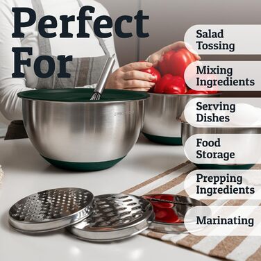 Набір міксерів PriorityChef з нержавіючої сталі з кришками, 3 тертки, герметичні кришки, силіконова основа, набір для кухні, великі миски для приготування їжі, зелений