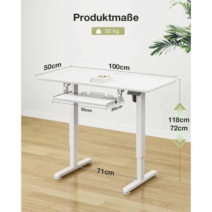 Електричний регульований стіл OffiGo 100x50 см з підставкою для клавіатури, 3 функції пам'яті, білий | Стіл для роботи та навчання