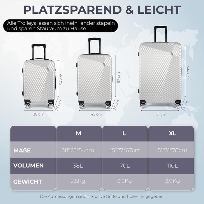 Набір валіз xRace 3-частинний ABS, 20/24/28 дюймів, ручна поклажа, TSA замок, 360° колеса, стійкий до ударів, преміум підкладка (срібний)