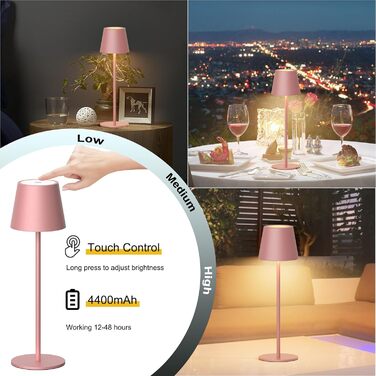 LED акумуляторна бездротова настільна лампа, 36 см, тепле біле світло 3000K, регульована яскравість, IP54, для внутрішнього та зовнішнього використання, алюміній, рожева