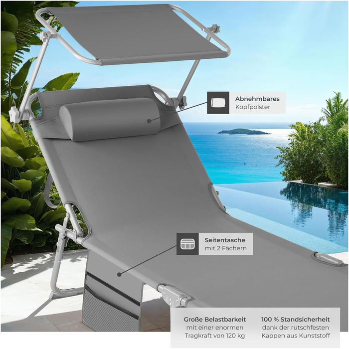 Лежак для відпочинку Tectake®: складаний, портативний, з кишенею, для балкона, тераси, кемпінгу (сірий)