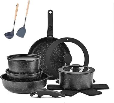 Набір каструль 17 предметів з знімними ручками: посуд для приготування їжі, набір каструль для індукційних плит, антипригарне покриття, підходить для всіх типів плит, придатний для миття в посудомийній машині (молочно-білий) (чорний)