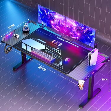 Ігровий стіл Himimi 160x70 см з LED підсвічуванням, стіл для ПК з карбоновою поверхнею, стіл геймера з органайзером для кабелів, тримачем для напоїв та гачком для навушників (Чорний)
