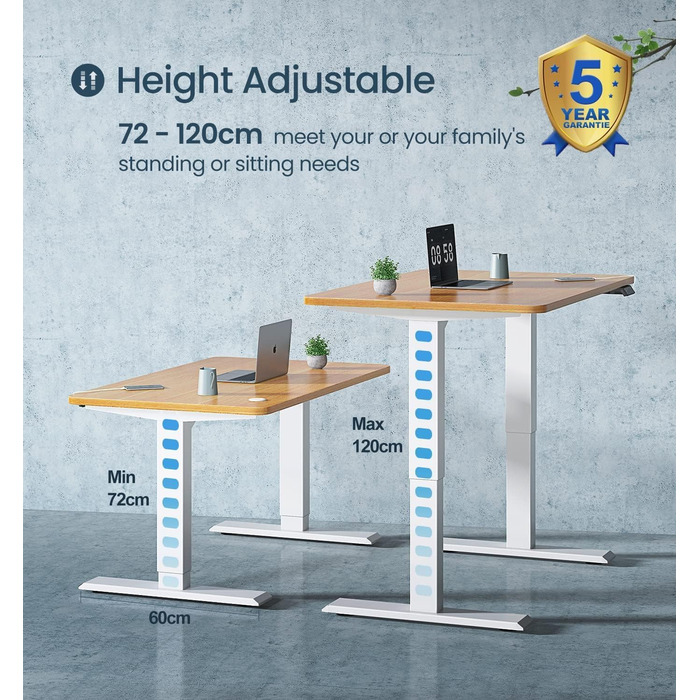 Електричний регульований стіл MAIDeSITe з 2 моторами, 4 пам'яттю та захистом від зіткнень (72-120 см, білий)