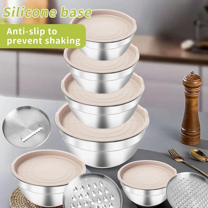 Набір міксерів YlYADl (31 предмет) - 6 нержавіючої сталі миски з кришкою та силіконовим дном (0.8-2.9L), стекові, 3 насадки-тертки