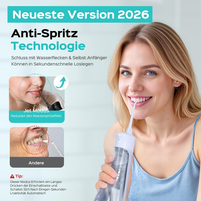 COSLUS Душова насадка електрична бездротова, Testsieger 2026: 20 рівнів тиску води, IPX7 водонепроникність, точна технологія Anti-Splash, 4 режими для здоров'я ротової порожнини, для щоденного використання та подорожей, 5 інтенсивностей (блакитний)