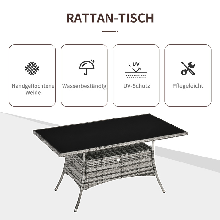 Outsunny Garden Table Стіл з полі ротанга зі скла 150x85x74см із захисним склом у сіро-чорному кольорі для саду, балконної тераси